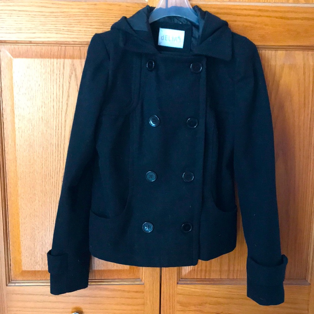 Delia’s double breasted hooded wool blend jacket. Back & cuff button detail.